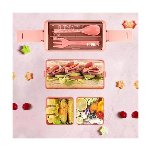 Lunch Box 2 Niveles Fiambrera Desmontable Con Cubiertos Rosa