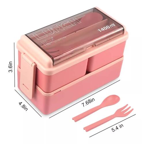 Lunch Box 2 Niveles Fiambrera Desmontable Con Cubiertos Rosa