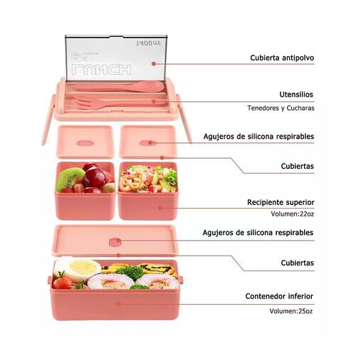 Lunch Box 2 Niveles Fiambrera Desmontable Con Cubiertos Rosa