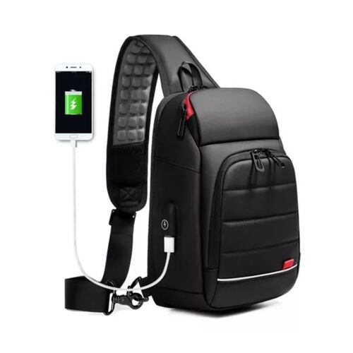 Mochila Cruzada Bandolera Para Hombre Hombro Carga Usb Lujo Negro/Rojo