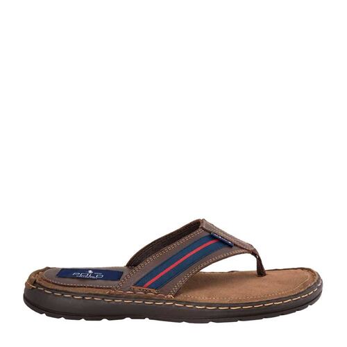 Sandalias casuales de piel marca HPC Polo de hombre, color café, mod. 175614