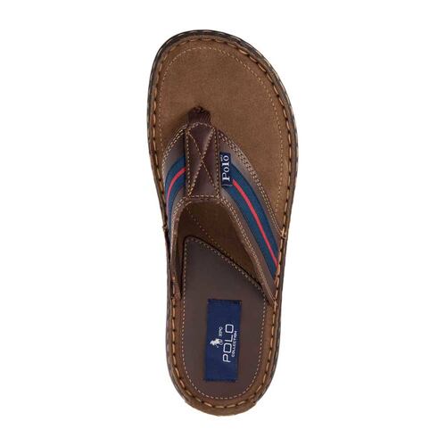 Sandalias casuales de piel marca HPC Polo de hombre, color café, mod. 175614
