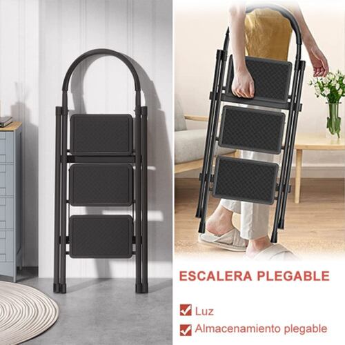 Escalera De Acero Inoxidable De 3 Peldaños Plegable Negro