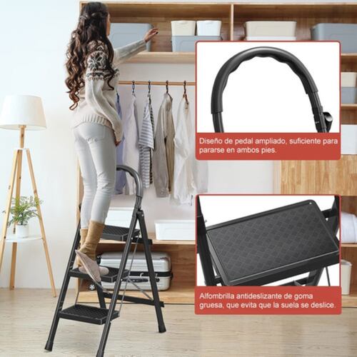 Escalera De Acero Inoxidable De 3 Peldaños Plegable Negro