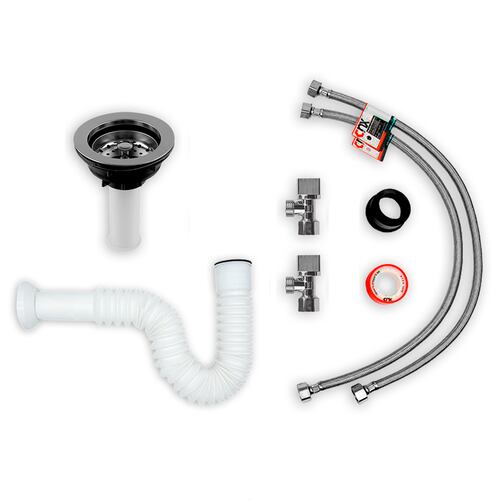 CNX Kit de Instalación de fregadero (para Tarja de una Tina), Incluye 2x Mangueras, 2x Válvulas ángulares, 1x Media Trampa con salida flexible, 1x Empaque, 1x Cinta de Teflón