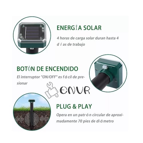 Set 4 Repelentes Solar Plagas Exterior Ultrasonido Topos Víboras