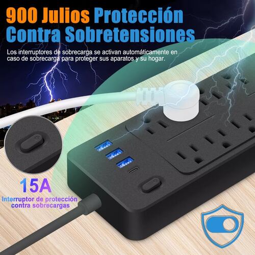 Regulador Multicontactos Con 10 Tomas, 3 Usb Y 1 Tipo C