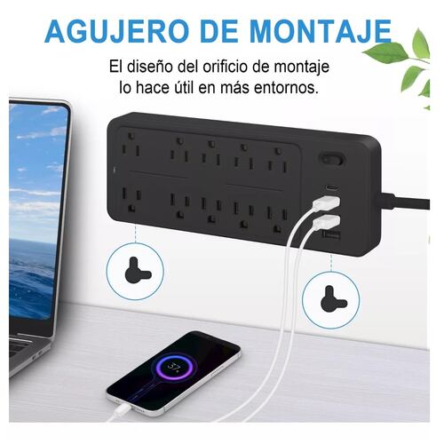 Regulador Multicontactos Con 10 Tomas, 3 Usb Y 1 Tipo C