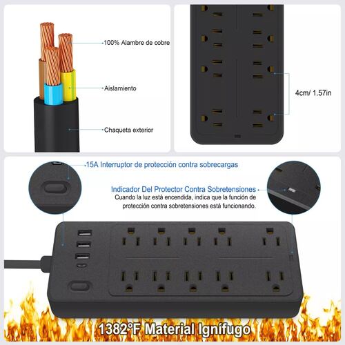 Regulador Multicontactos Con 10 Tomas, 3 Usb Y 1 Tipo C