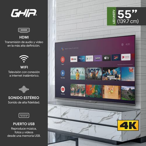 Televisión de 55'' Ghia G55ATV22, 4K Ultra HD, Smart Android TV, Negro.