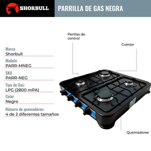 Parrilla Estufa Mesa Gas 4 quemadores Acero Negra Shorbull.