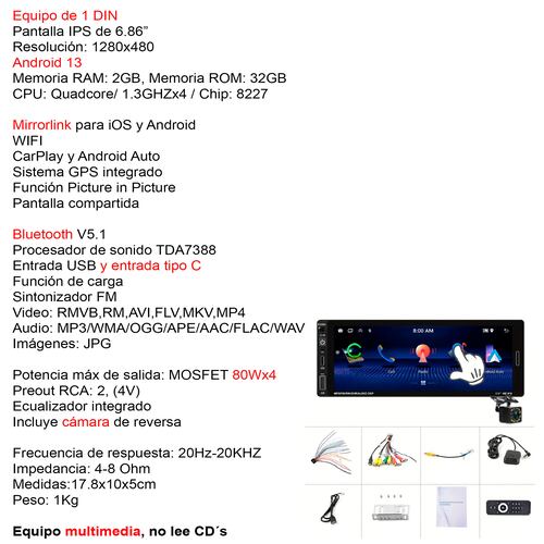 AUTOESTEREO VAK 3558 1 DIN 6.8" ANDROID CARPLAY CAMARA GPS.