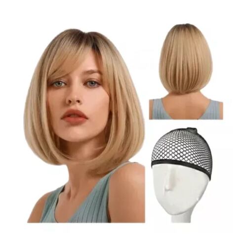 Peluca Para Mujer Rubia Flequillo Natural Bob Recto Cosplay RUBIO