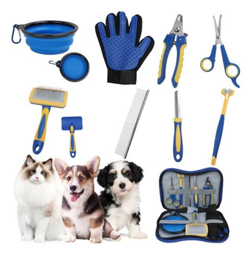 Set 8 Guante Cepillo Removedor Pelo Peine Para Mascotas AZUL 