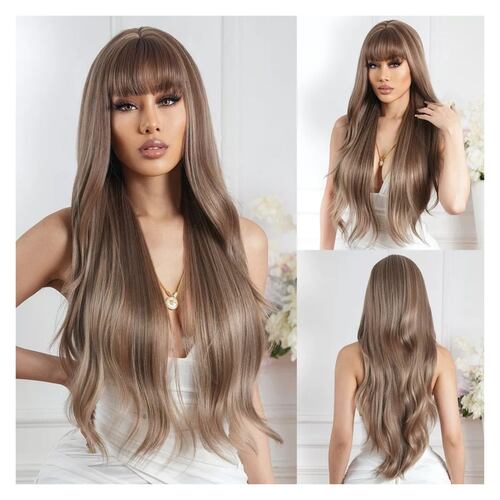 Peluca Larga De Pelo Castaño Liso Natural Con Flequillo Romo RUBIO CLARO