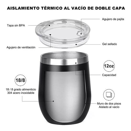 Vaso Térmico Vino/café Acero Inoxidable,12oz Calor/frí 2pz Negro/Blanco