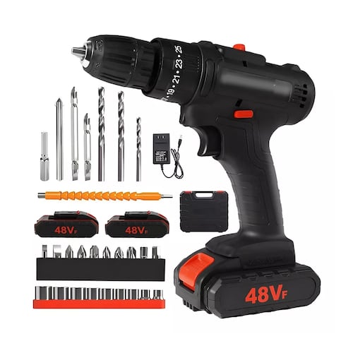 Taladro Inalambrico Con 2 Batería De Litio 2x48v Negro