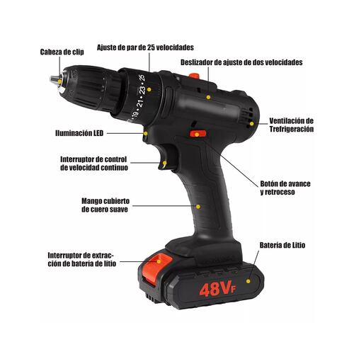 Taladro Inalambrico Con 2 Batería De Litio 2x48v Negro