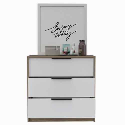 COMODA ARMABLE 3 CAJONES MODELO KAIA  COLOR MIEL CON BLANCO.
