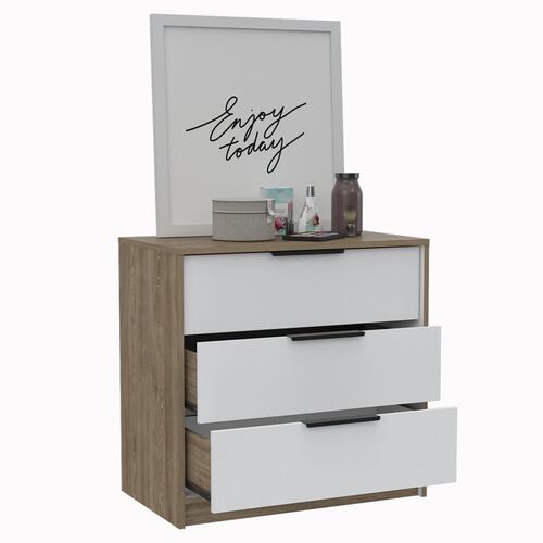 COMODA ARMABLE 3 CAJONES MODELO KAIA  COLOR MIEL CON BLANCO.