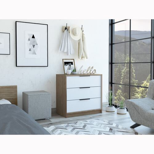 COMODA ARMABLE 3 CAJONES MODELO KAIA  COLOR MIEL CON BLANCO.