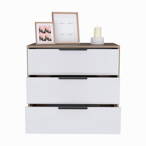COMODA ARMABLE 3 CAJONES MODELO KAIA COLOR ROVERE BLANCO.