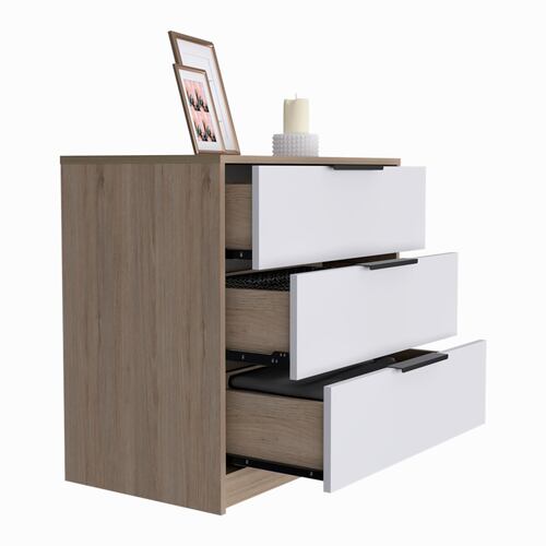 COMODA ARMABLE 3 CAJONES MODELO KAIA COLOR ROVERE BLANCO.