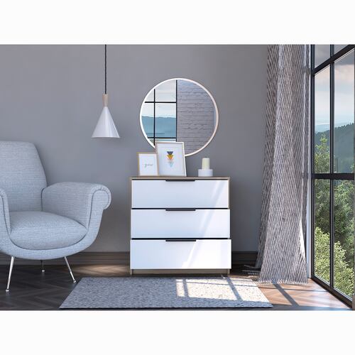 COMODA ARMABLE 3 CAJONES MODELO KAIA COLOR ROVERE BLANCO.