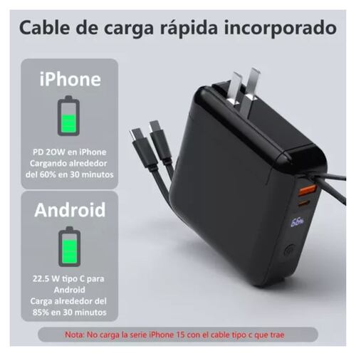 Power Bank 20000mah Cargador De Enchufe Pared Portátil 22.5w NEGRO
