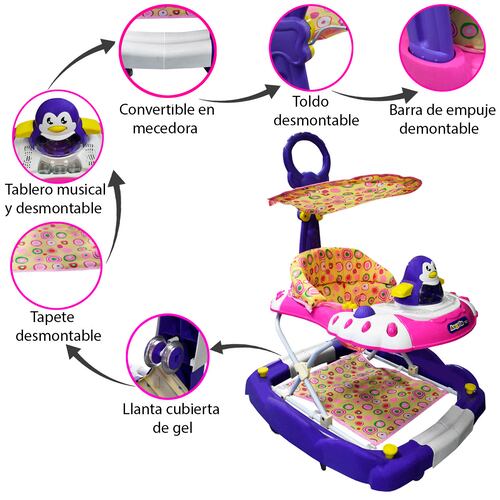 Andadera Angelin Pingüino Con Techo Rosa.