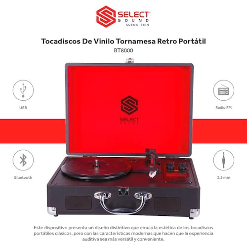 Tocadiscos De Vinilo Tornamesa Retro Portátil Bluetooth Recargable Radio Fm Select Sound 