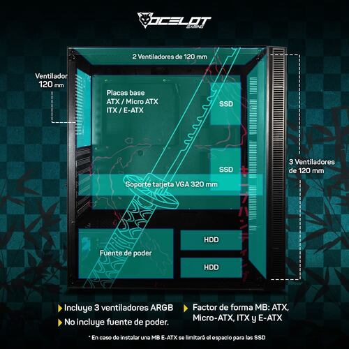 Gabinete Ocelot Gaming OC-BLACK KATANA, E-ATX, Cristal Templado, incluye 3 Ventiladores ARGB, sin Fuente, Negro.