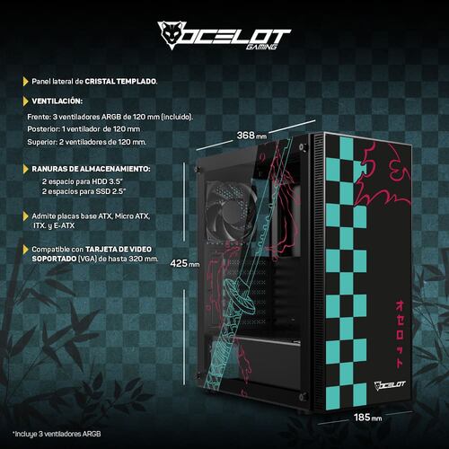 Gabinete Ocelot Gaming OC-BLACK KATANA, E-ATX, Cristal Templado, incluye 3 Ventiladores ARGB, sin Fuente, Negro.