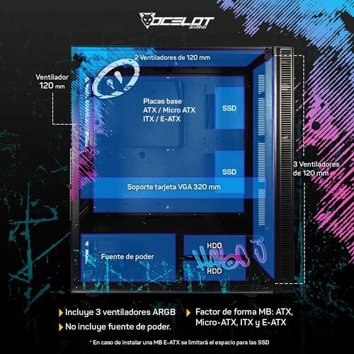 Gabinete Ocelot Gaming OC-HAVOC 3, E-ATX, Cristal Templado, incluye 3 Ventiladores ARGB, sin Fuente, Negro.
