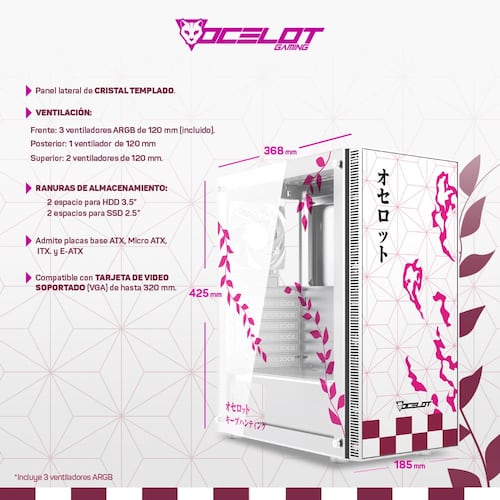 Gabinete Ocelot Gaming OC-DEMON HANAMI, E-ATX, Cristal Templado, incluye 3 Ventiladores ARGB, sin Fuente, Blanco.