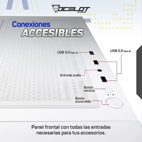 Gabinete Ocelot Gaming OC-MEKA 4.0, E-ATX, Cristal Templado, incluye 3 Ventiladores ARGB, sin Fuente, Blanco.