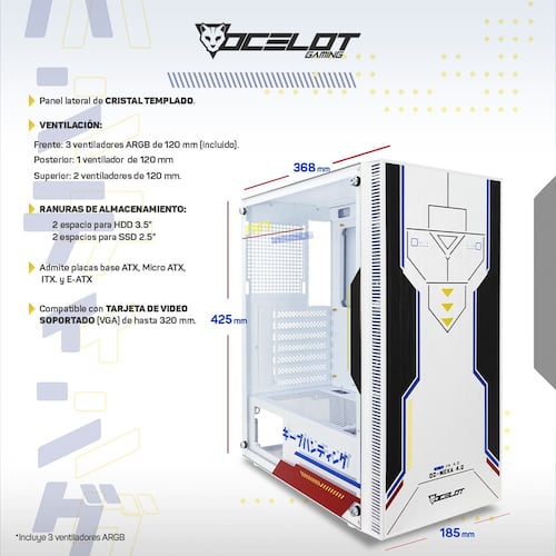 Gabinete Ocelot Gaming OC-MEKA 4.0, E-ATX, Cristal Templado, incluye 3 Ventiladores ARGB, sin Fuente, Blanco.