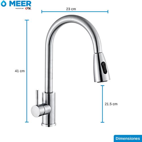 MEER Faucets by CNX | Mezcladora para Fregadero con Dos Funciones de Chorro y Cuello Retráctil (manguera de 55 cm) de Zinc y Latón Satinado