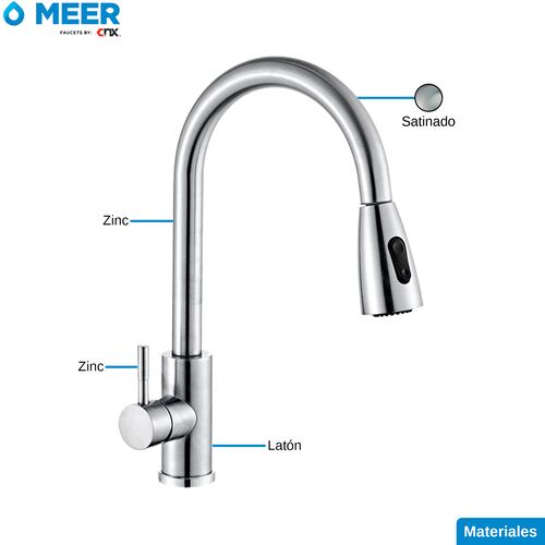 MEER Faucets by CNX | Mezcladora para Fregadero con Dos Funciones de Chorro y Cuello Retráctil (manguera de 55 cm) de Zinc y Latón Satinado