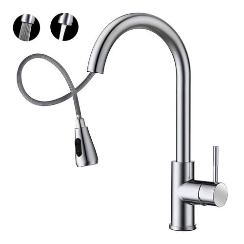 MEER Faucets by CNX | Mezcladora para Fregadero con Dos Funciones de Chorro y Cuello Retráctil (manguera de 55 cm) de Zinc y Latón Satinado