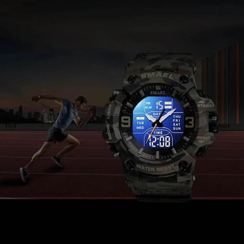 Reloj deportivo azul cronógrafo Digital camuflaje resistente agua pantalla Dual analógica led luz.