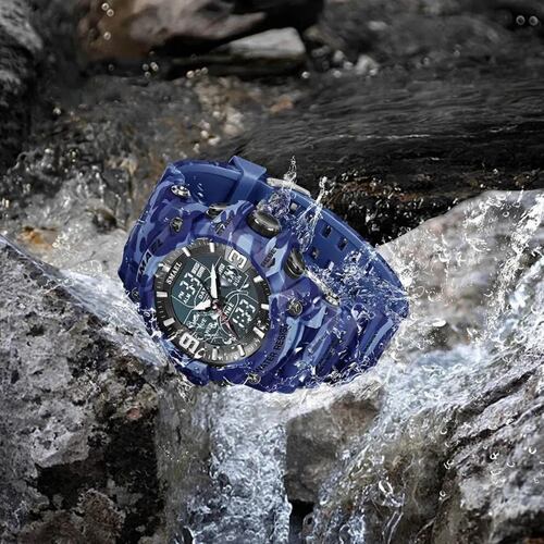 Reloj deportivo azul cronógrafo Digital camuflaje resistente agua pantalla Dual analógica led luz.
