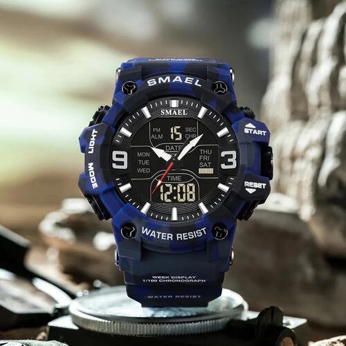 Reloj deportivo azul cronógrafo Digital camuflaje resistente agua pantalla Dual analógica led luz.