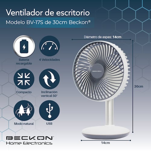 Ventilador De Torre mesa Compacto recargable para Escritorio Oficina Buró con cable usb silencioso de 4 velocidades altura de 30cm Beckon