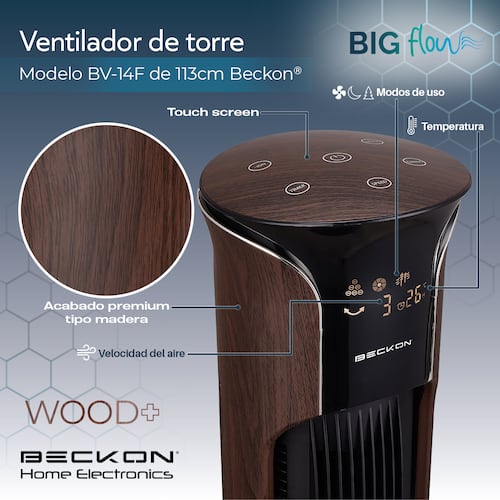 Ventilador de torre grande acabado tipo madera BIG FLOW con ionizador purificador, control remoto, oscilación, temporizador 113cm de alto BECKON.
