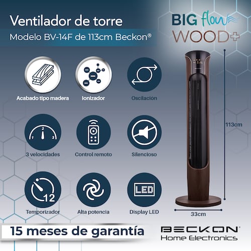 Ventilador de torre grande acabado tipo madera BIG FLOW con ionizador purificador, control remoto, oscilación, temporizador 113cm de alto BECKON.