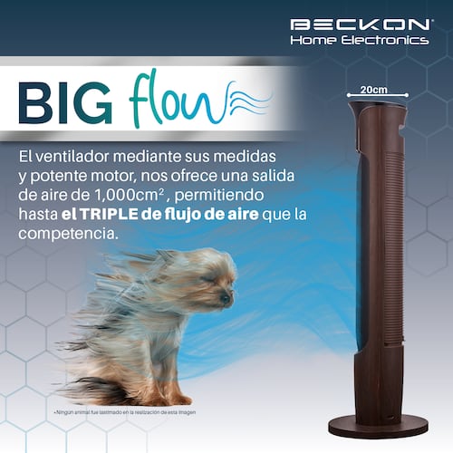 Ventilador de torre grande acabado tipo madera BIG FLOW con ionizador purificador, control remoto, oscilación, temporizador 113cm de alto BECKON.