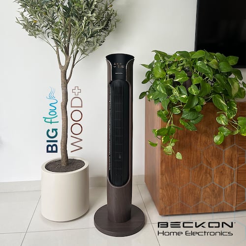 Ventilador de torre grande acabado tipo madera BIG FLOW con ionizador purificador, control remoto, oscilación, temporizador 113cm de alto BECKON.