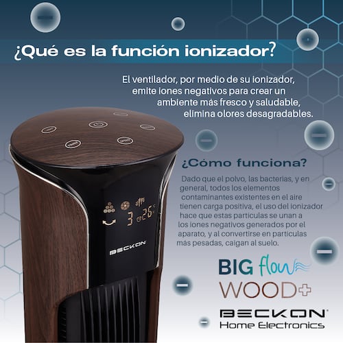 Ventilador de torre grande acabado tipo madera BIG FLOW con ionizador purificador, control remoto, oscilación, temporizador 113cm de alto BECKON.