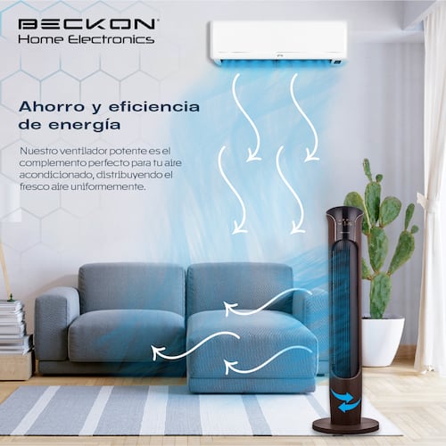 Ventilador de torre grande acabado tipo madera BIG FLOW con ionizador purificador, control remoto, oscilación, temporizador 113cm de alto BECKON.